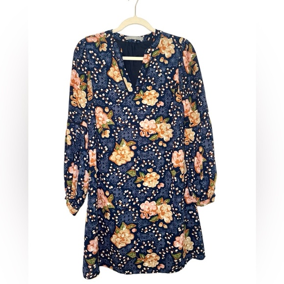 Octavia Long Sleeve‎ Floral Shift Dress Small Navy Layering Piece Workwear - Picture 1 of 6